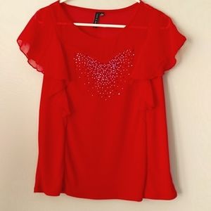 Zero 2 Eight Ruffle Faux Studded Embellished Top Large Red